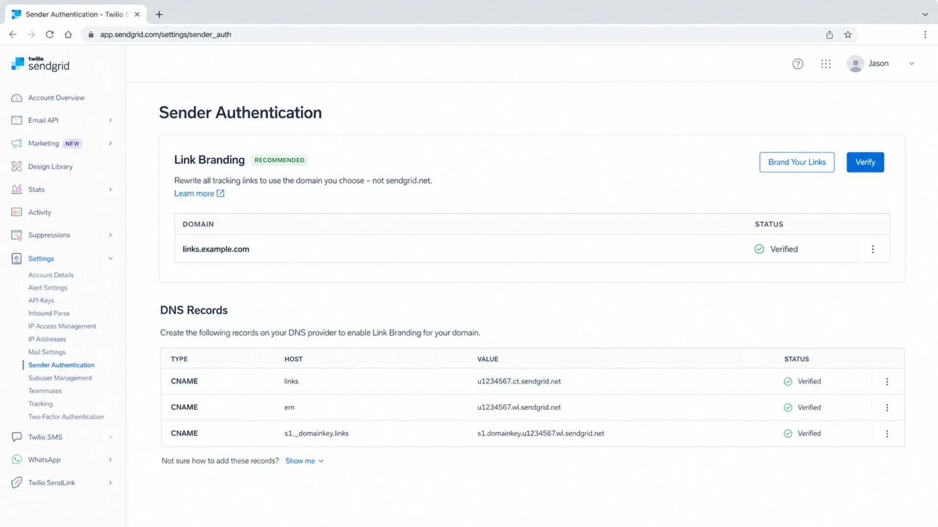 Twilio SendGrid Sender Authentication page with Link Branding settings