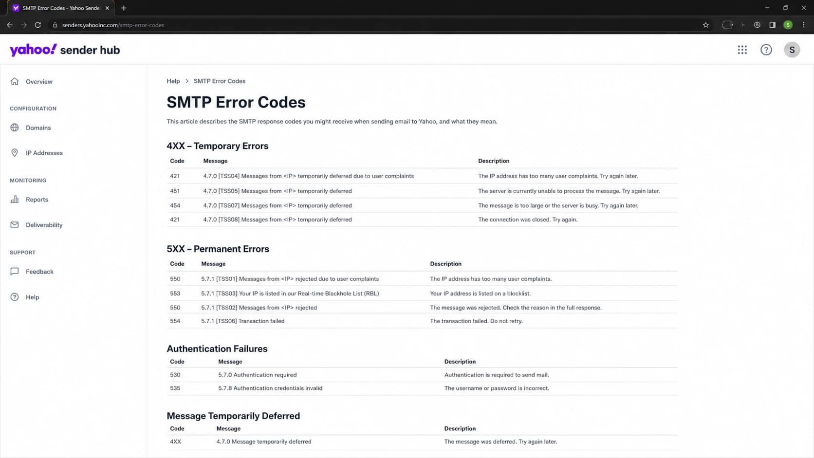 Yahoo Sender Hub SMTP Error Codes page showing temporary and permanent error sections.