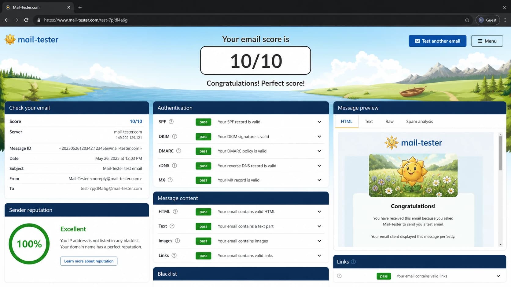 A mail-tester.com style report screen after a sent email test.