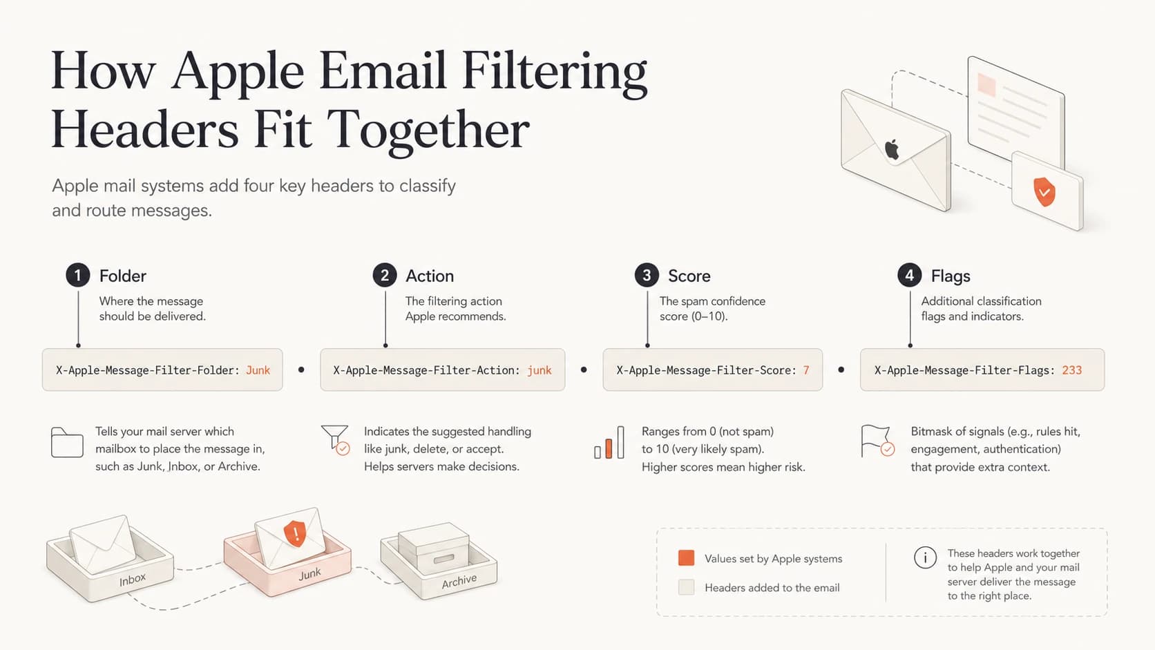 Infographic showing Apple header parts: folder, action, score, and flags.