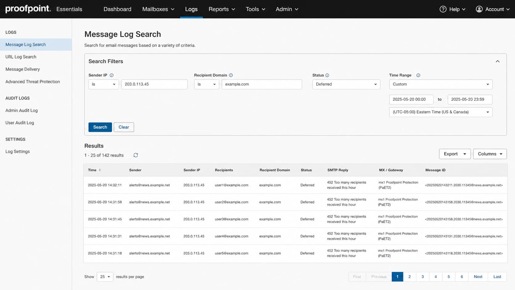Proofpoint Essentials message log showing deferred messages with a 452 recipient throttle.