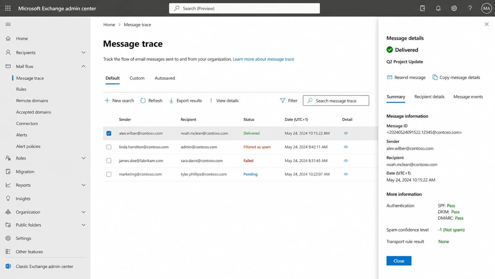 Microsoft Exchange admin center message trace showing delivery and filtering outcomes.