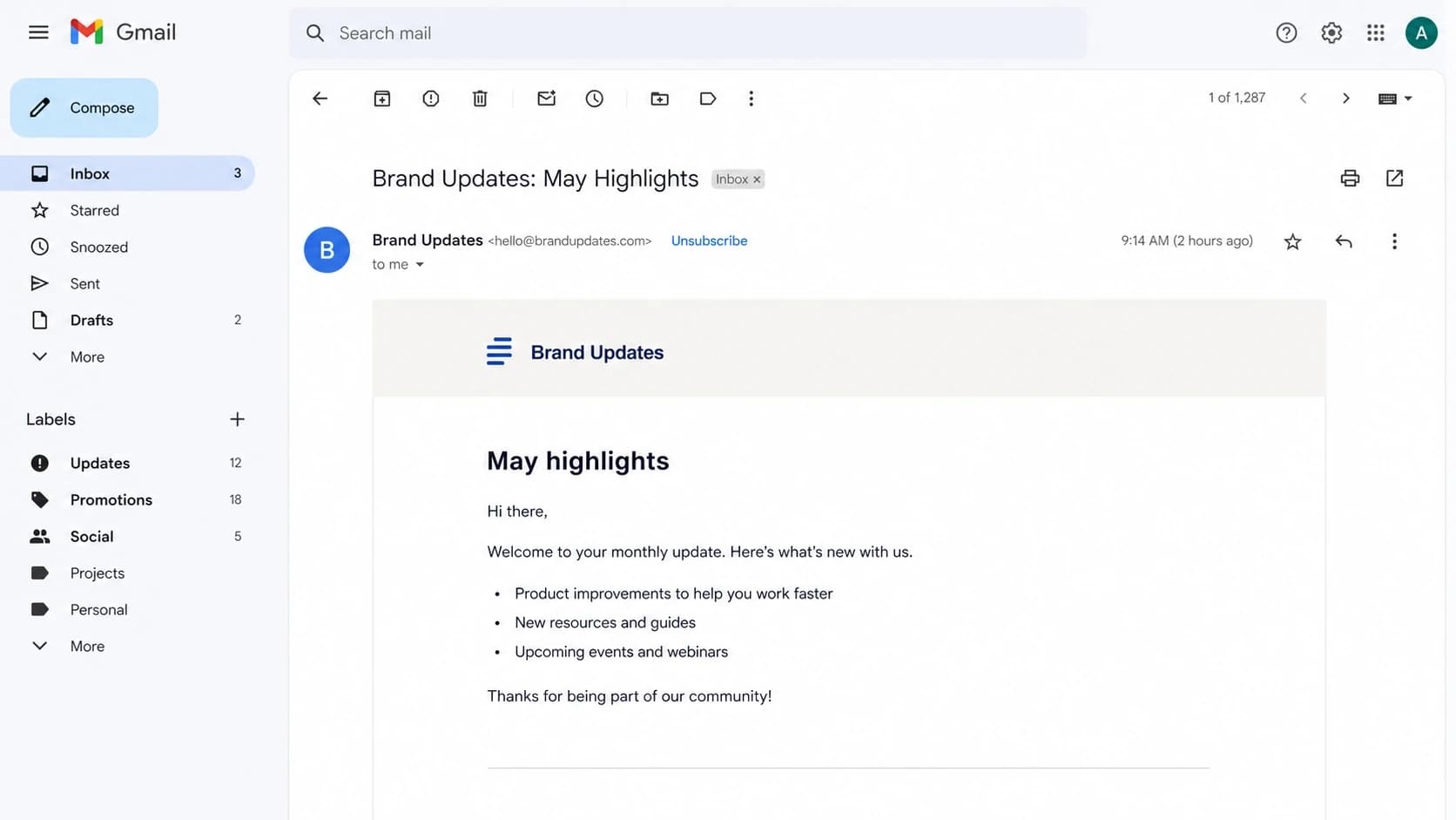 Gmail message view showing an unsubscribe control near the sender name.