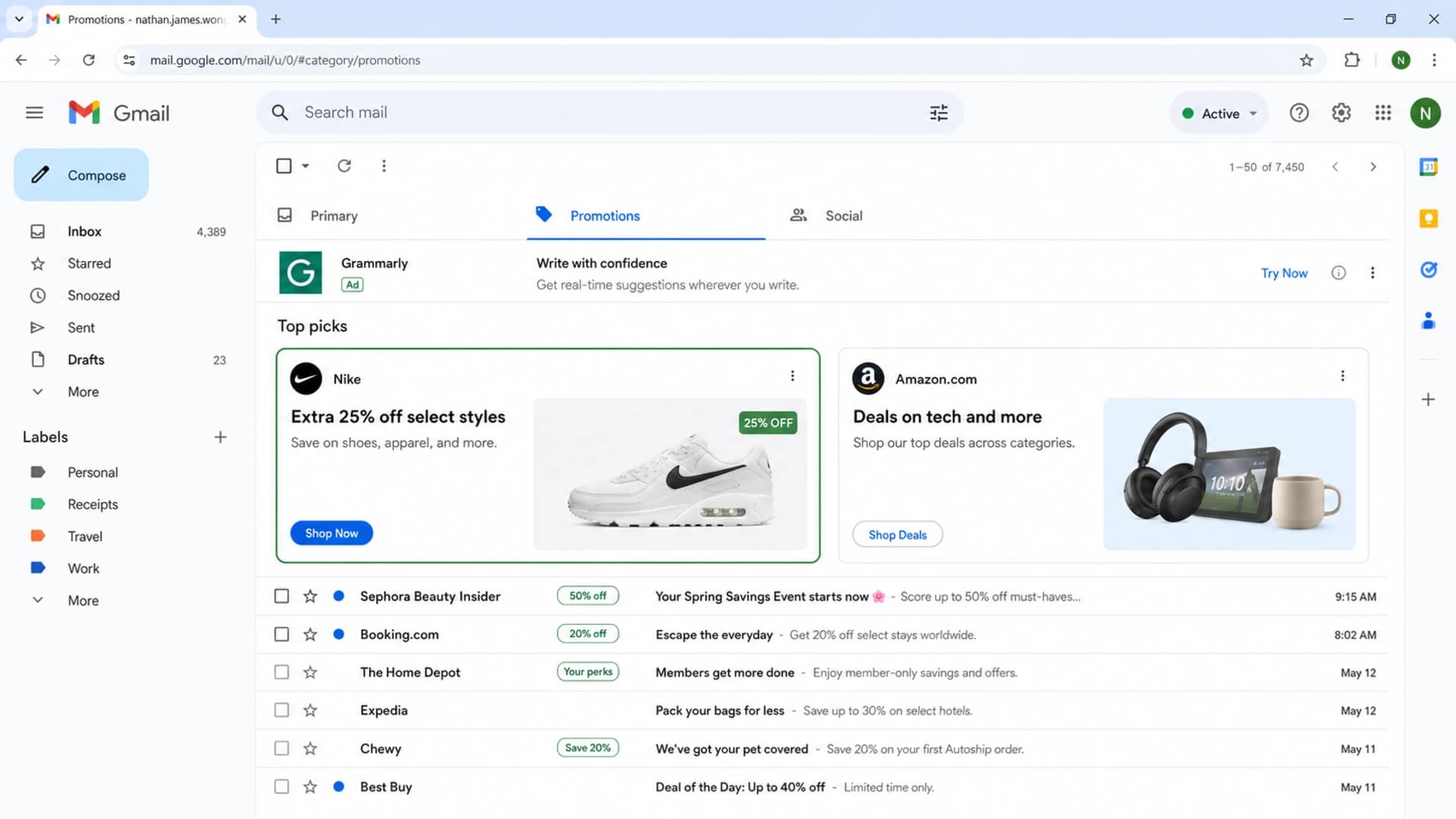 Gmail Promotions tab showing ads, a Top Picks bundle, and regular email rows.
