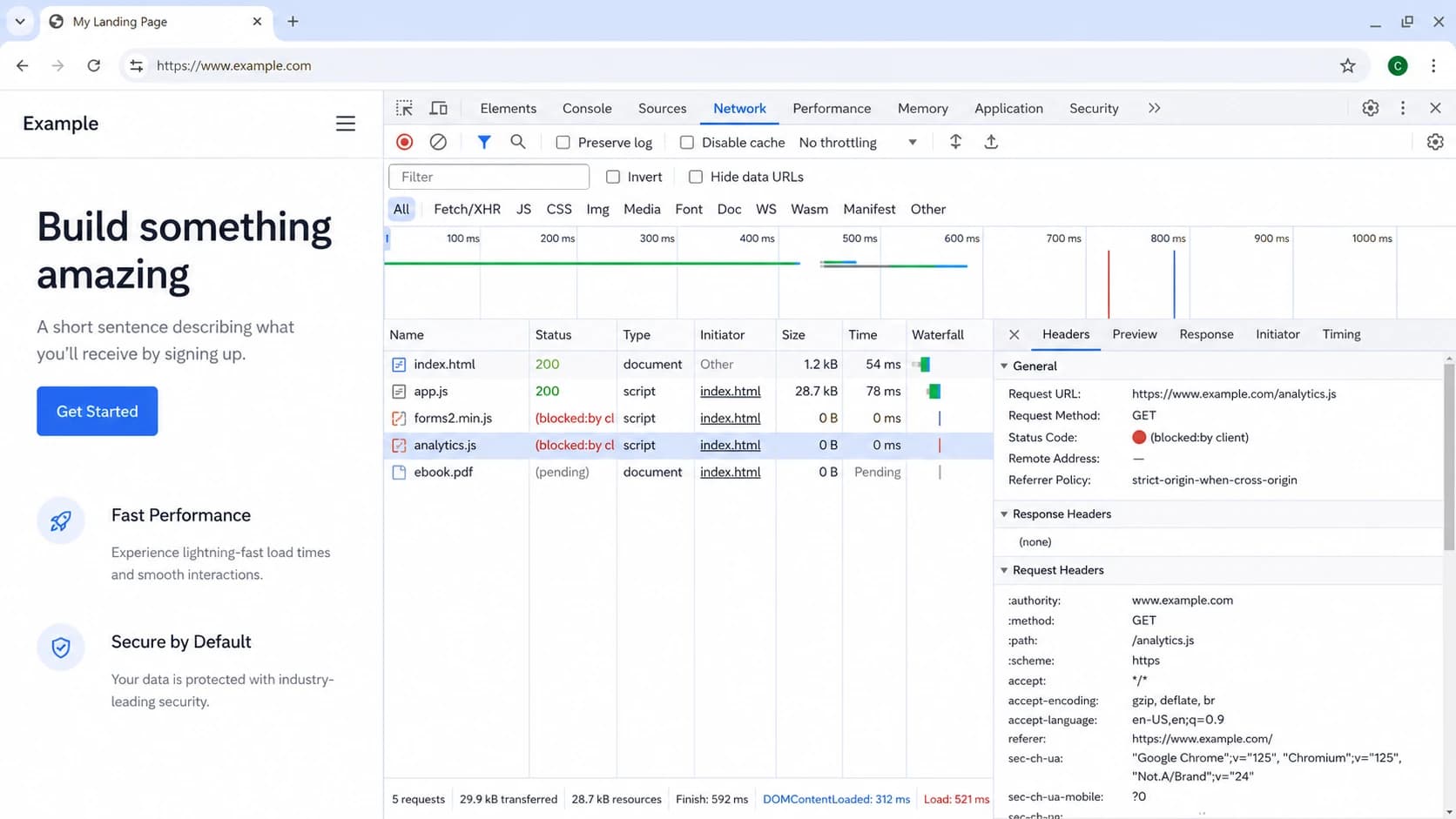 Google Chrome DevTools showing a script blocked by the client.