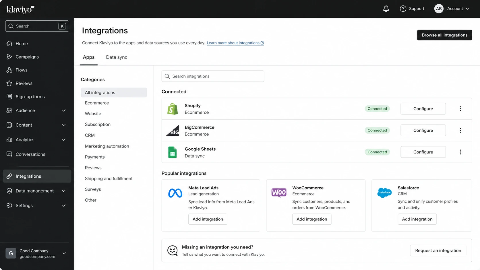 Klaviyo integrations screen showing app and data connections rather than SMTP settings.