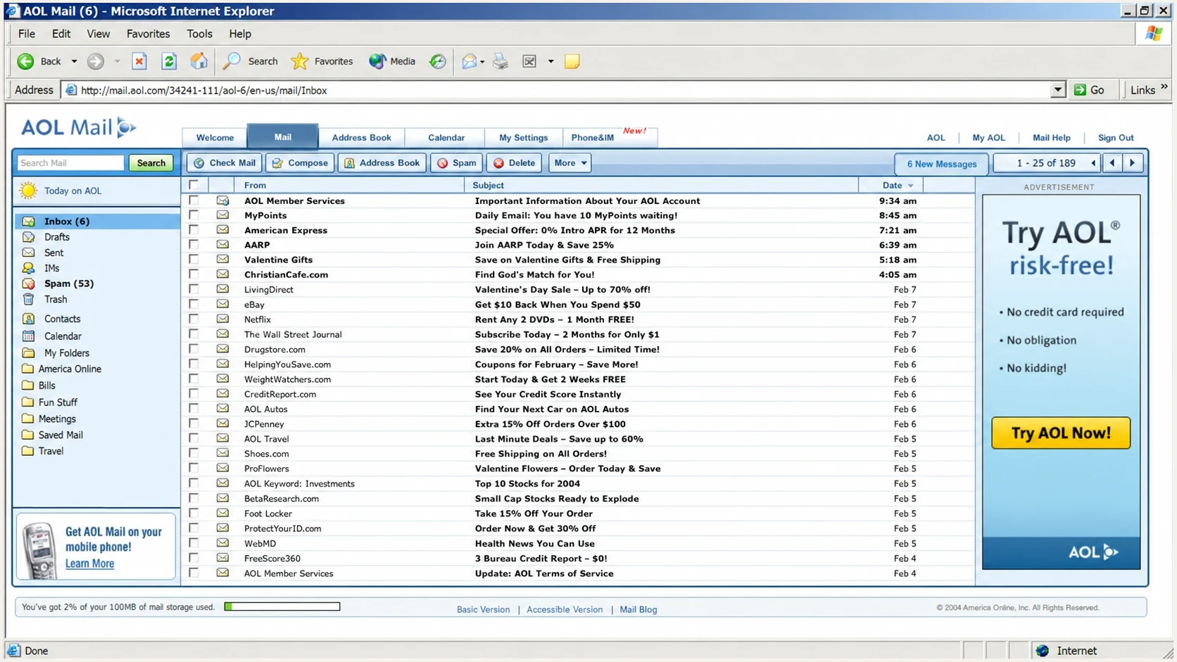 Early 2000s style AOL Mail inbox with compact rows and many unwanted messages.