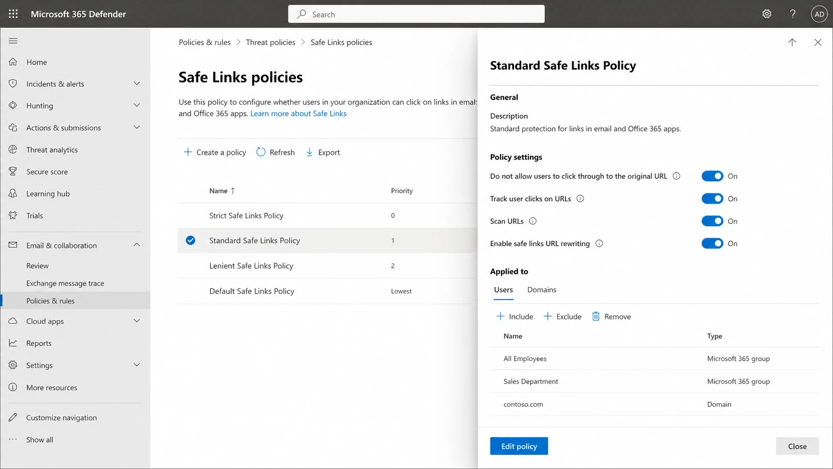 Microsoft Defender for Office 365 Safe Links policy screen.