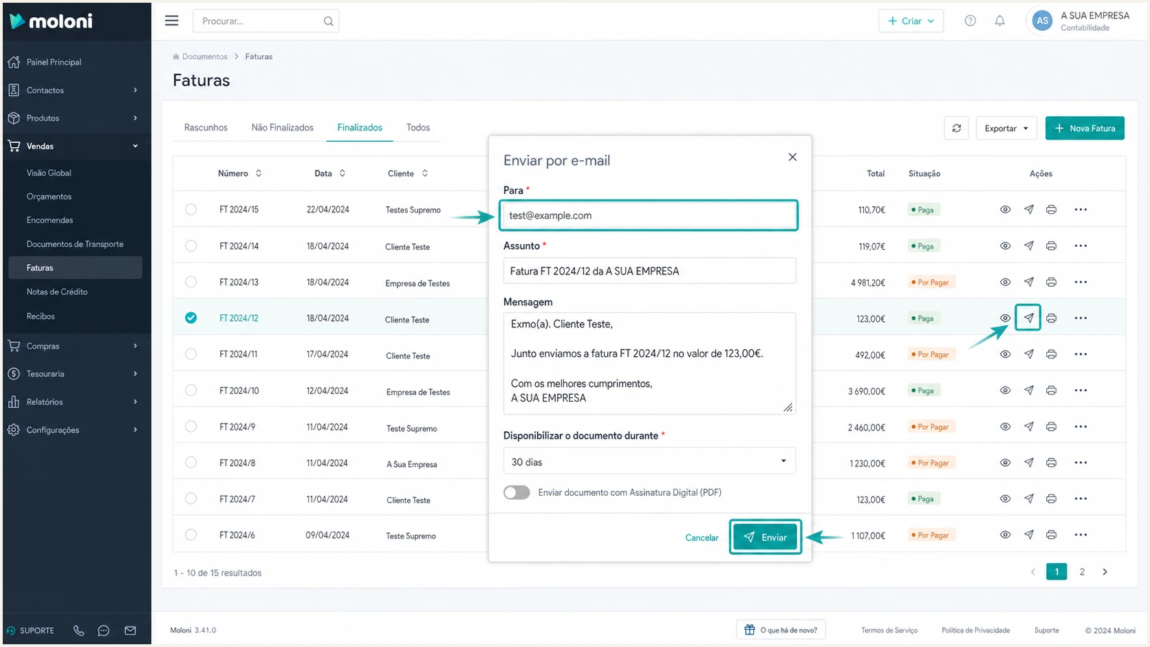 Moloni invoice email dialog used to send an authentication test