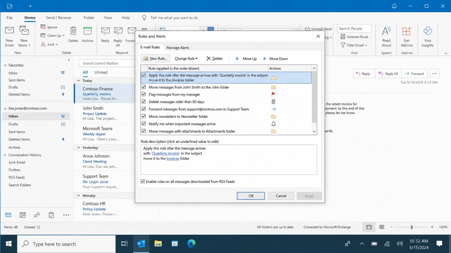 Microsoft Outlook rules can move specific emails before the user sees them.