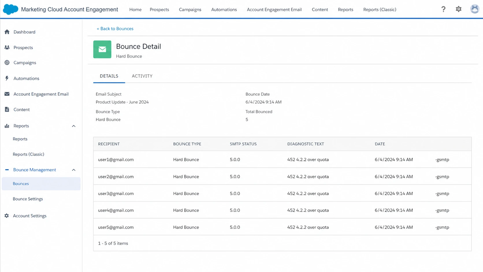 Salesforce Marketing Cloud Account Engagement bounce detail screen showing SMTP status and diagnostic fields.