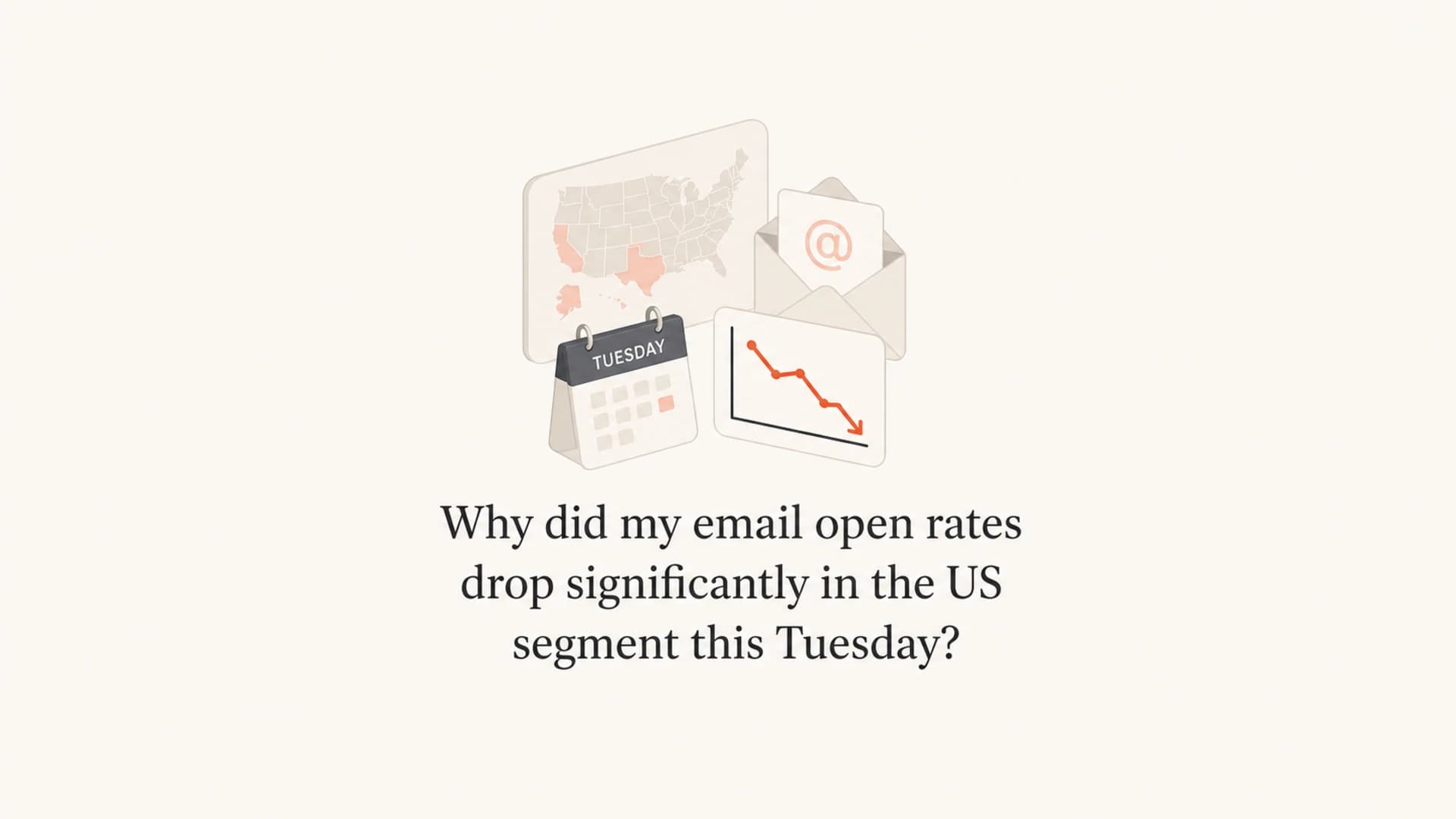 US email open-rate drop shown with an email envelope, calendar, and falling chart.
