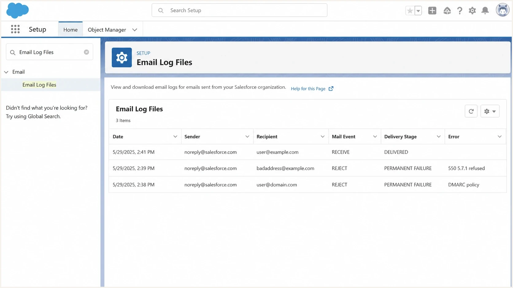 Salesforce Setup email log screen showing delivery events and refusal codes.