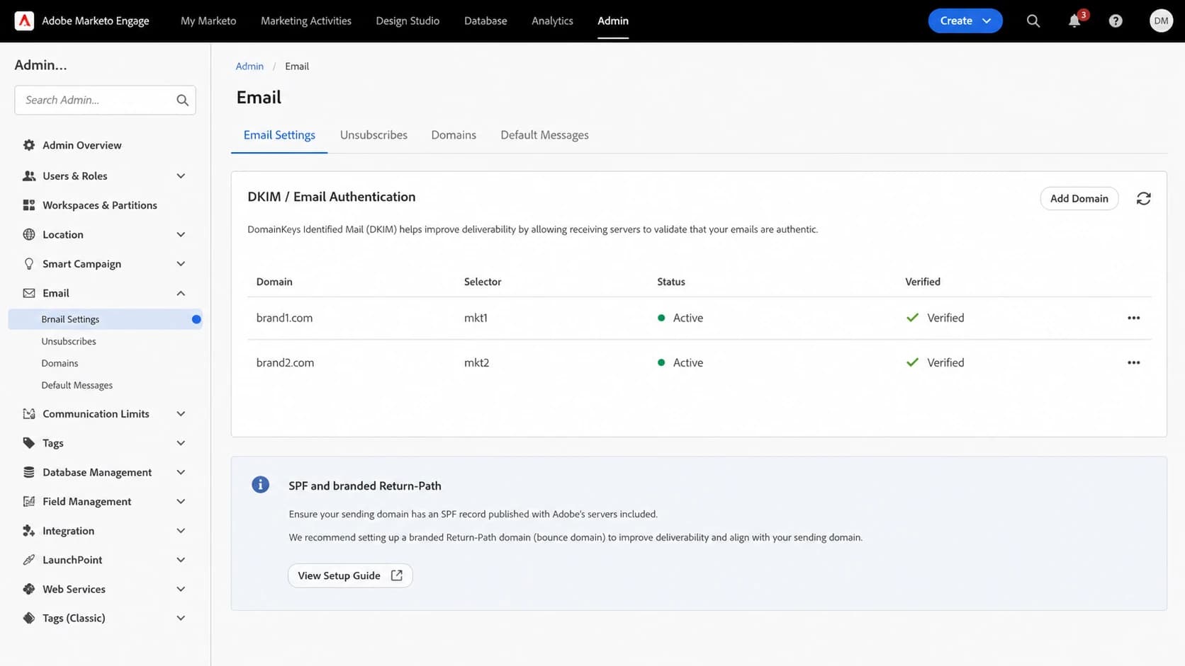 Adobe Marketo Engage email authentication settings with two sending domains configured.