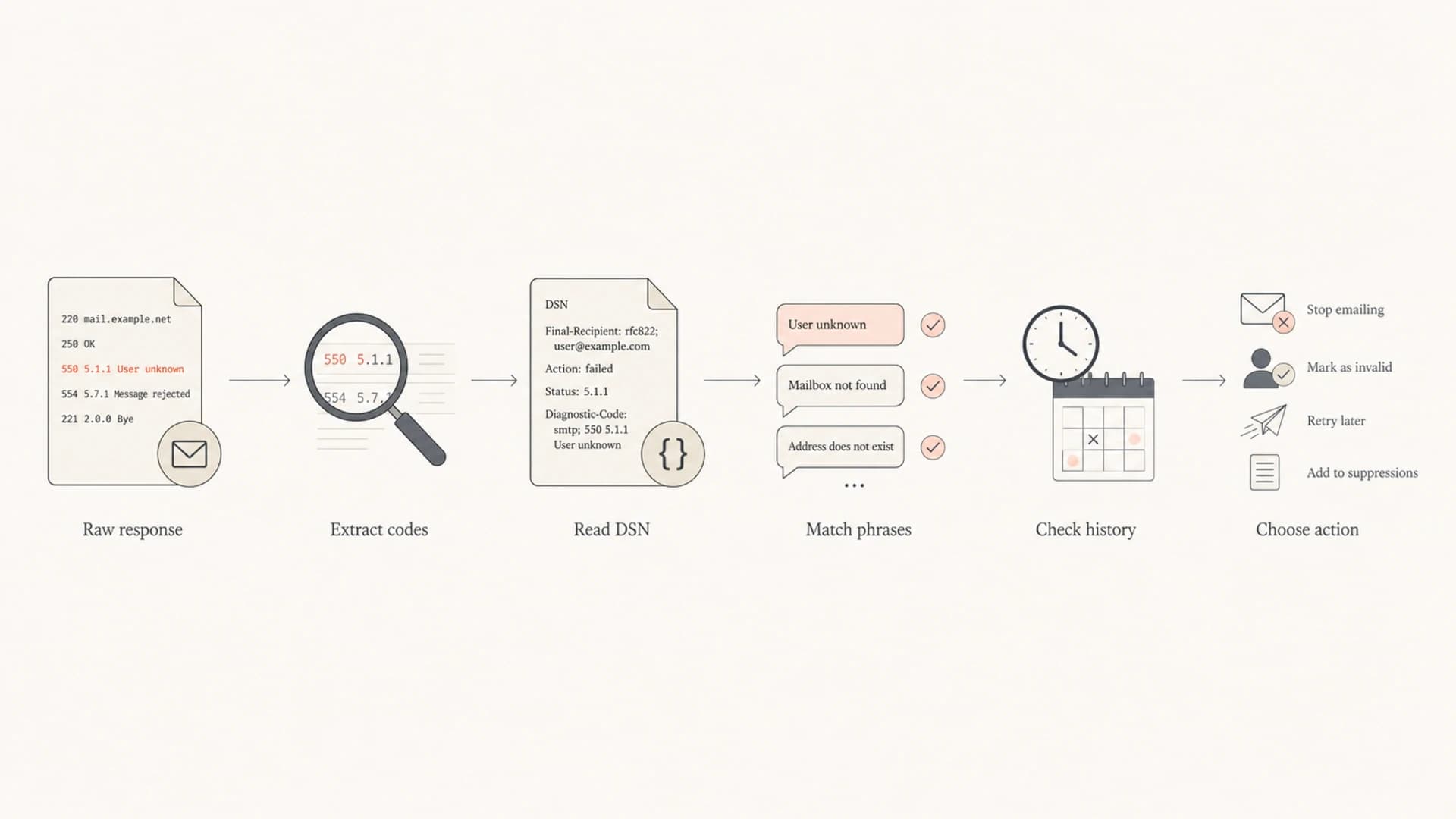 Flowchart showing the steps in SMTP bounce parsing.