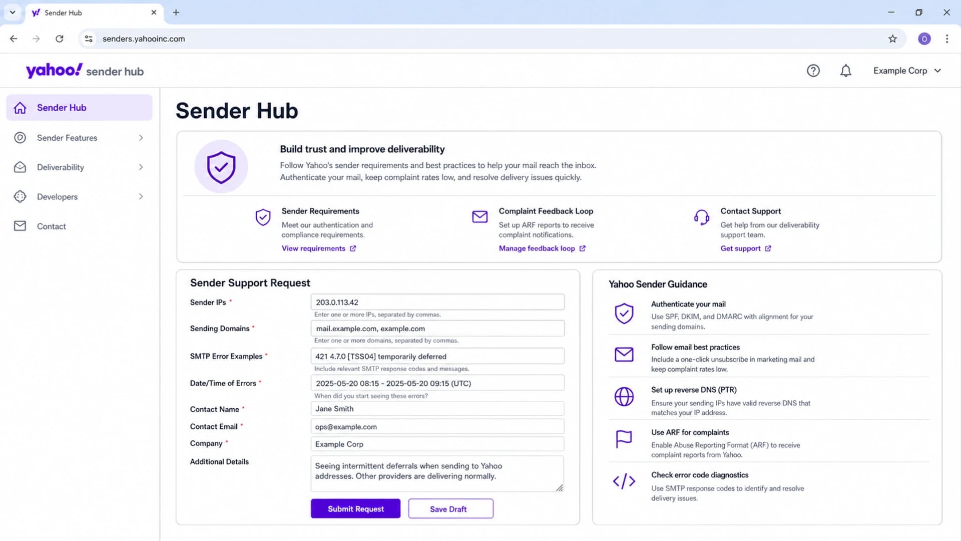 Yahoo Sender Hub screen showing sender support and complaint feedback loop areas.