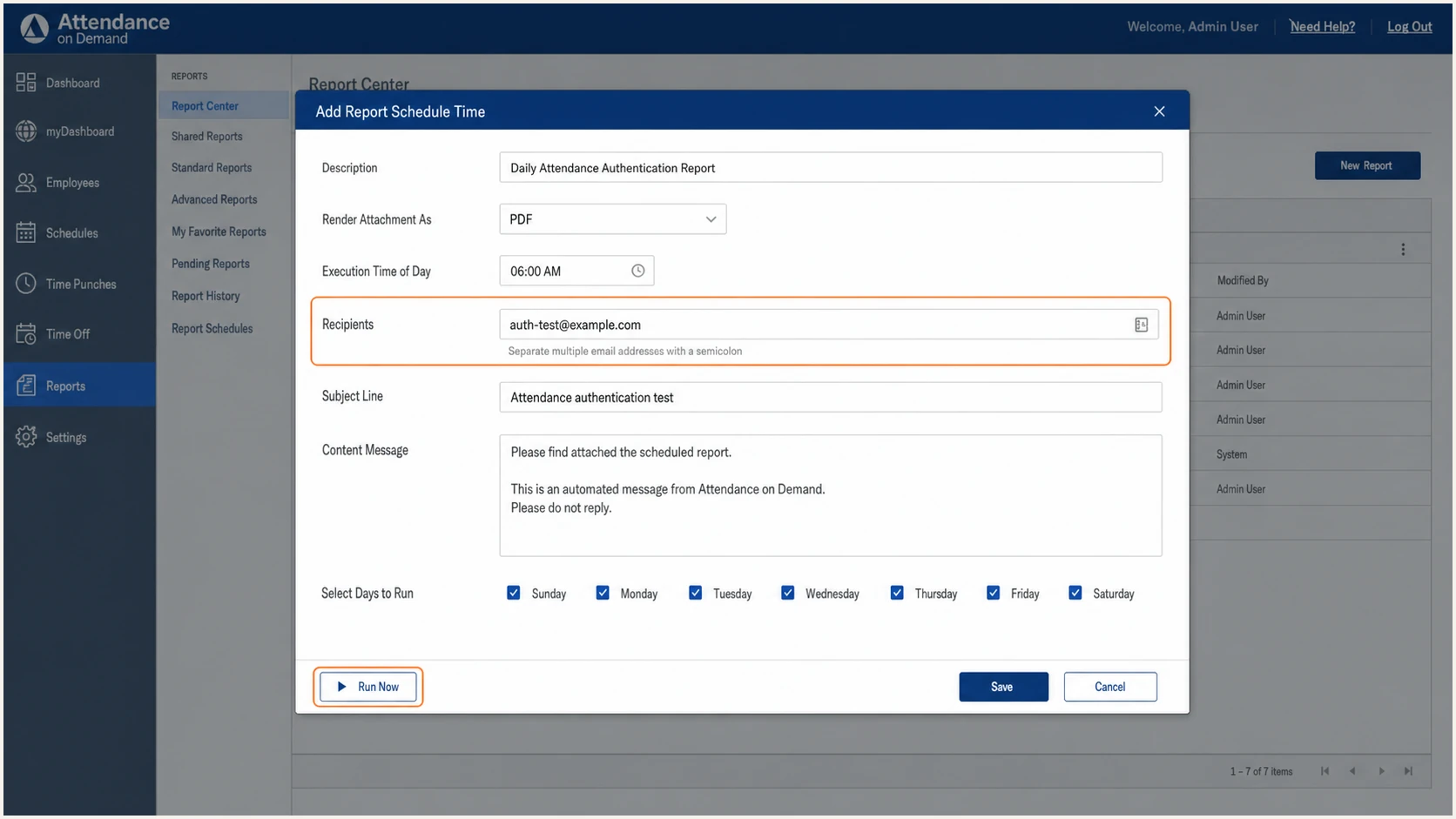 Attendance on Demand report email test settings