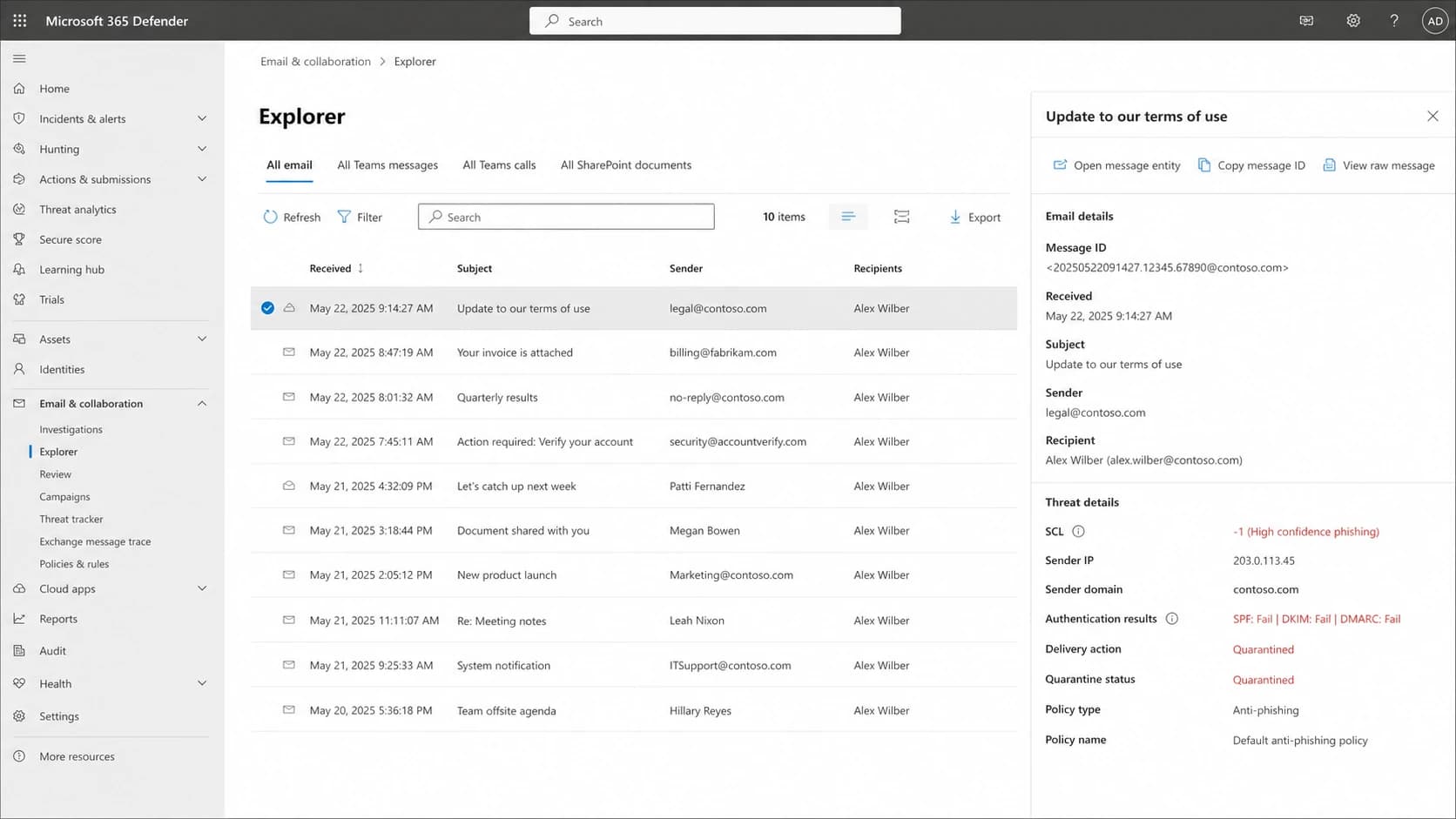 Microsoft Defender portal message details showing SCL and delivery action.