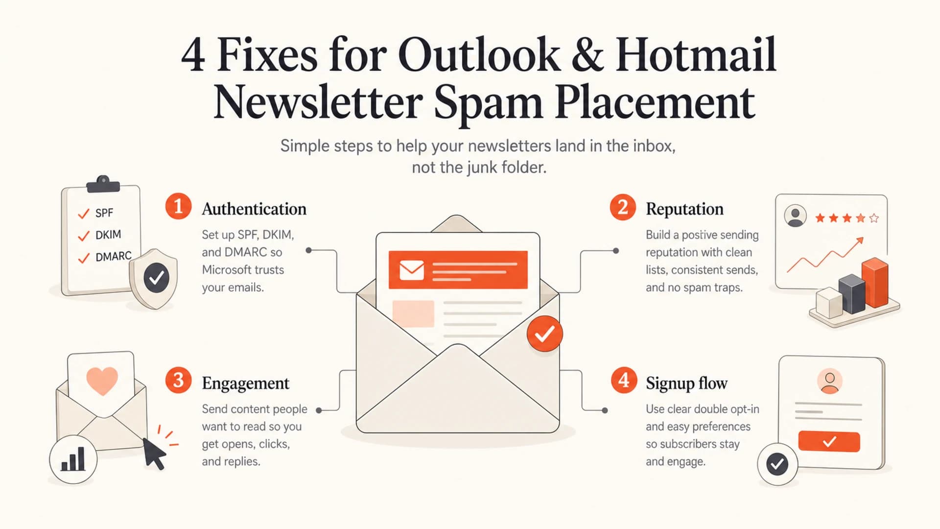 Four newsletter spam fixes: authentication, reputation, engagement, and signup flow.