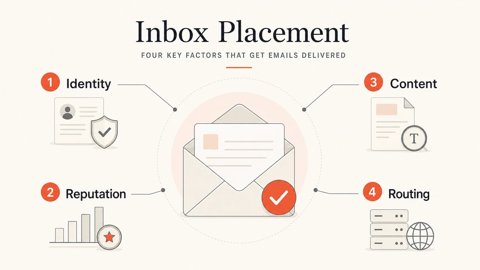 Inbox placement signals infographic showing identity, reputation, content, and routing.