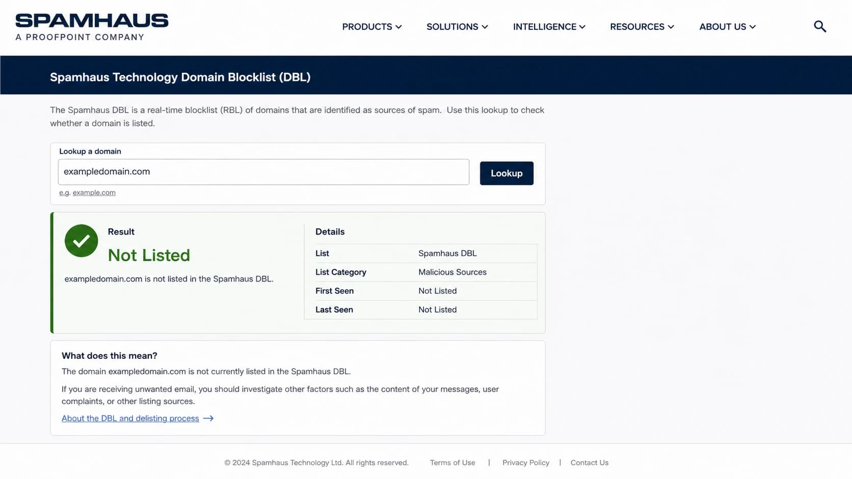A Spamhaus DBL lookup screen showing a domain reputation result.