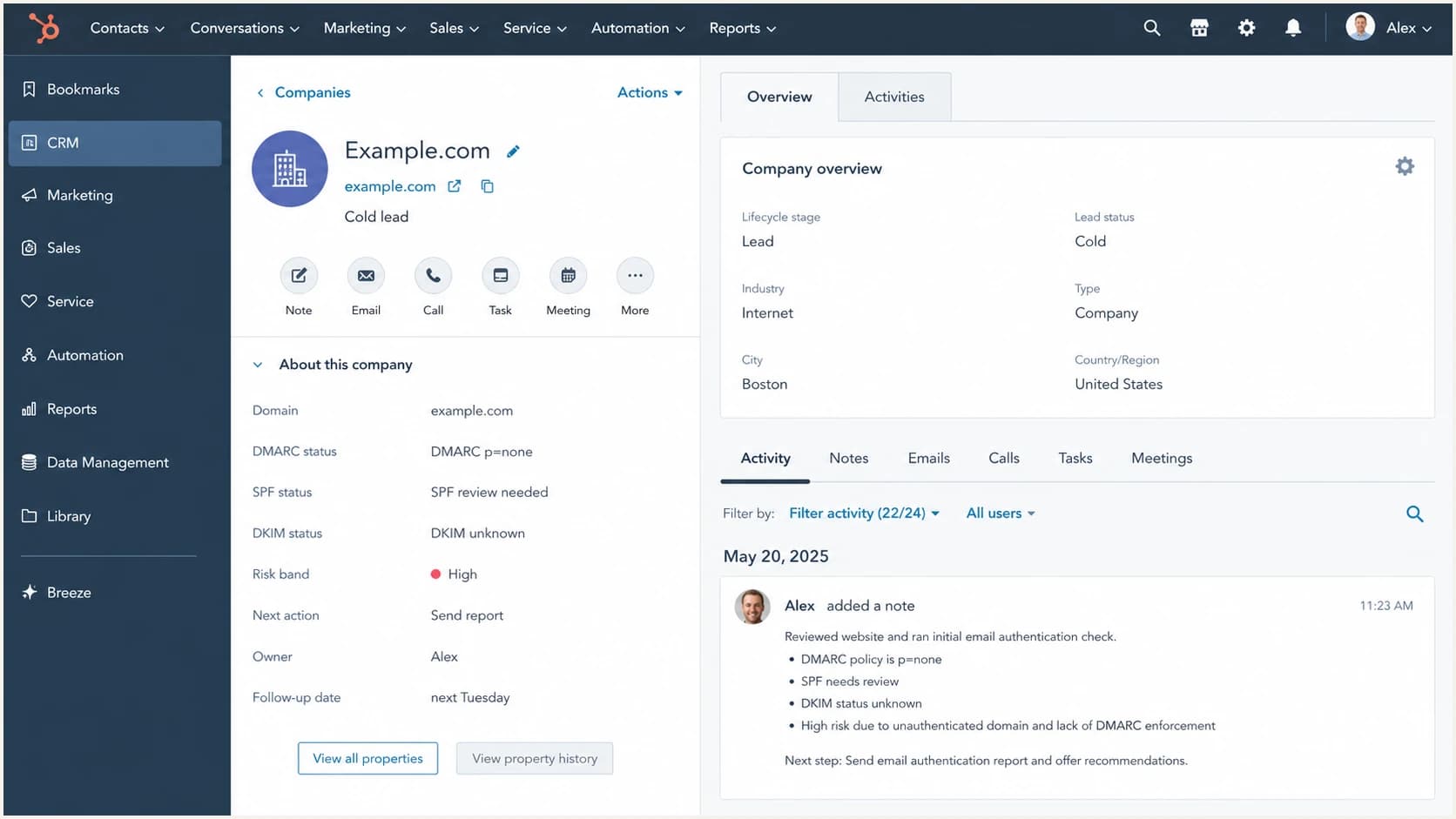 A HubSpot CRM company record with DMARC prospecting fields for a cold lead.