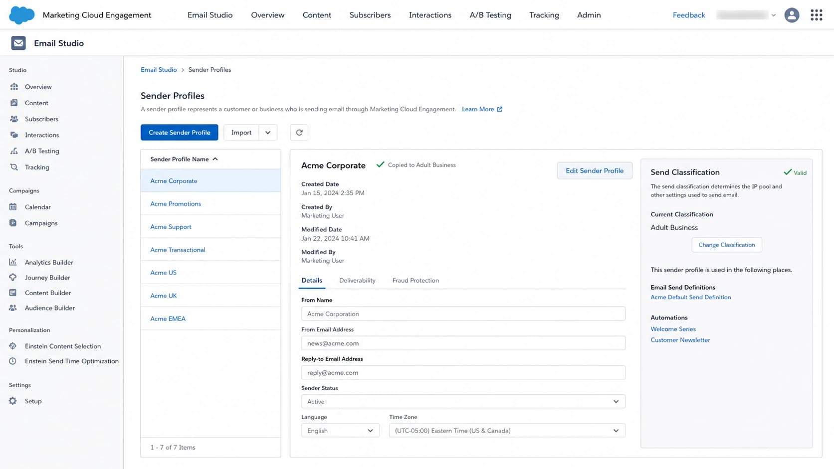 Salesforce Marketing Cloud sender profile fields for From Name and From Email Address.