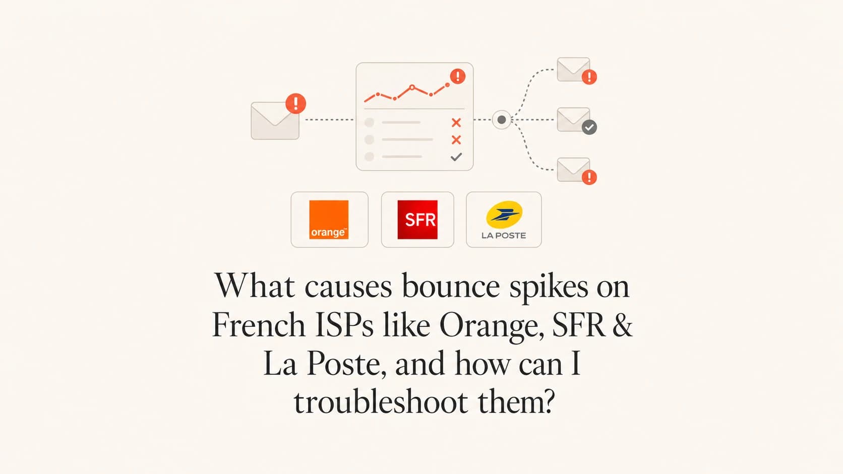 French ISP bounce spikes shown as routed email paths with diagnostic markers.