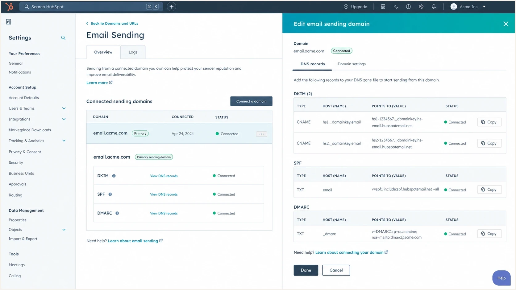 HubSpot email sending domain settings with DKIM, SPF, and DMARC records.