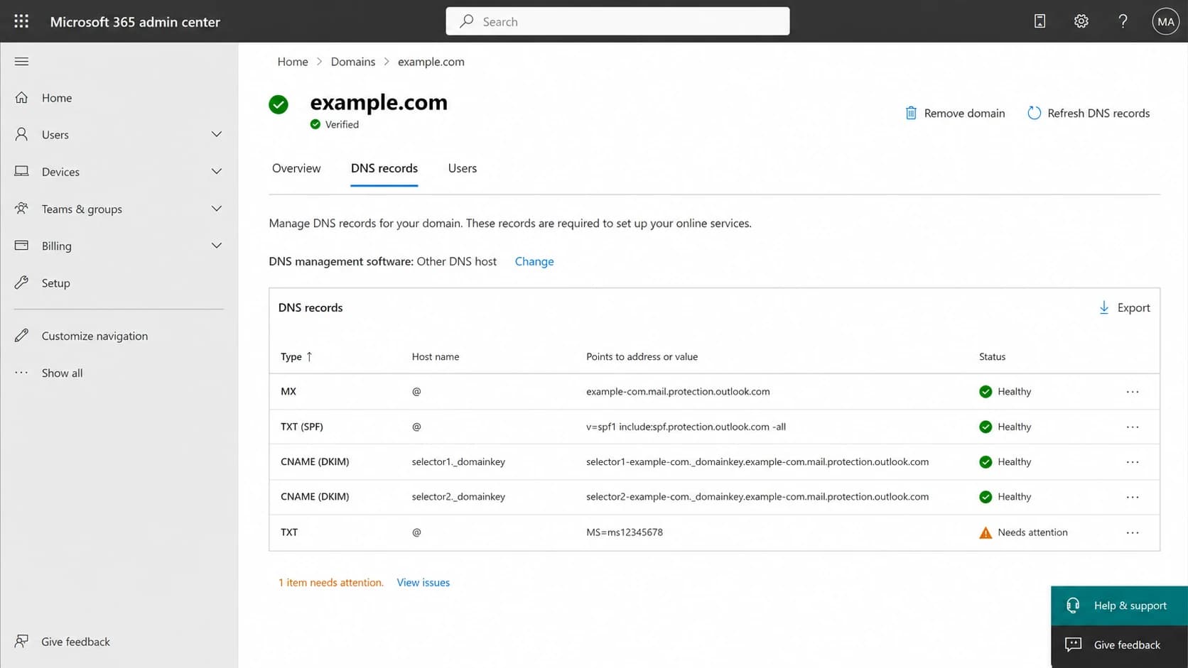 Microsoft 365 admin center domain DNS records for Exchange Online.