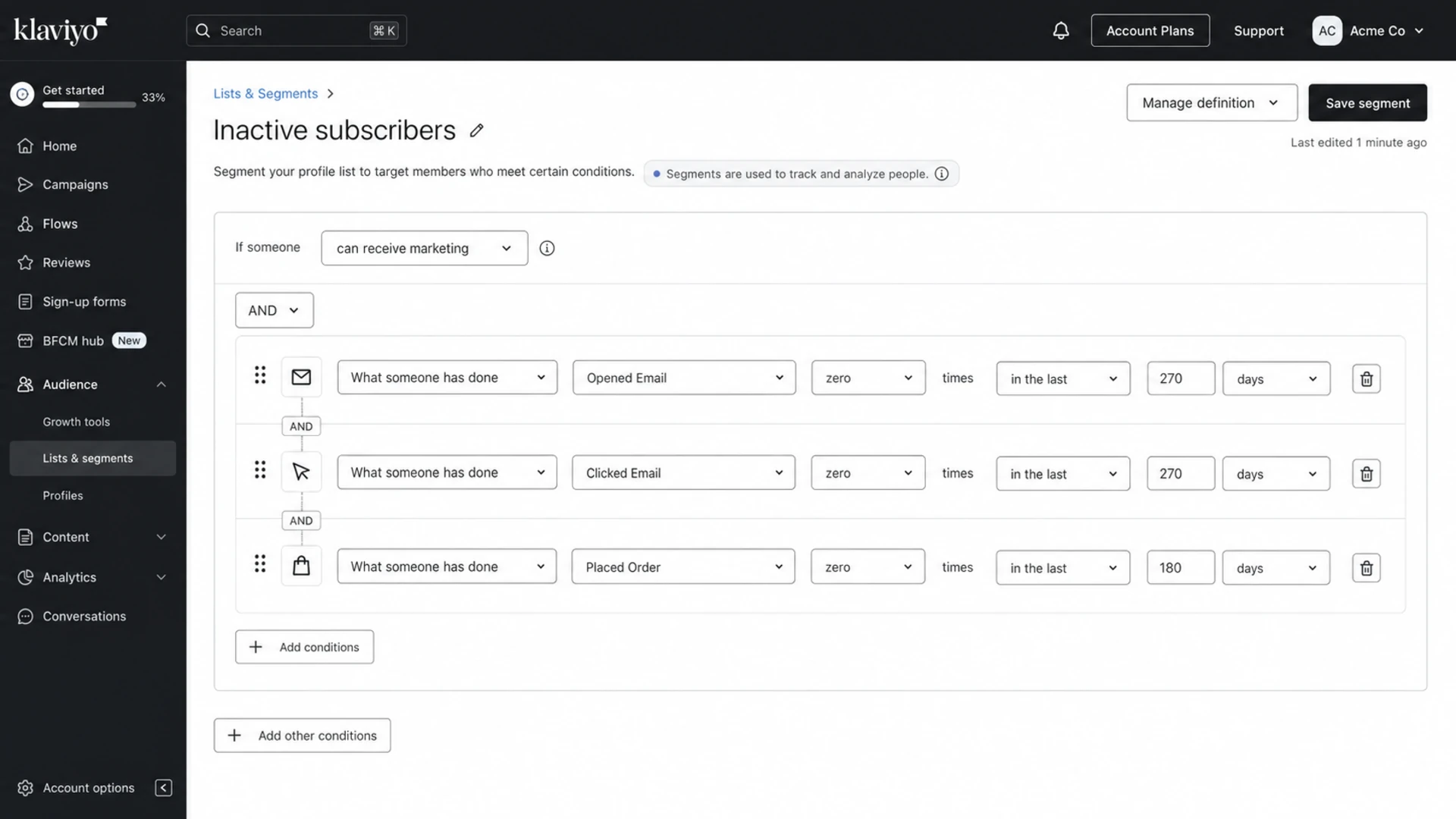 Klaviyo segment builder showing inactive subscriber conditions.