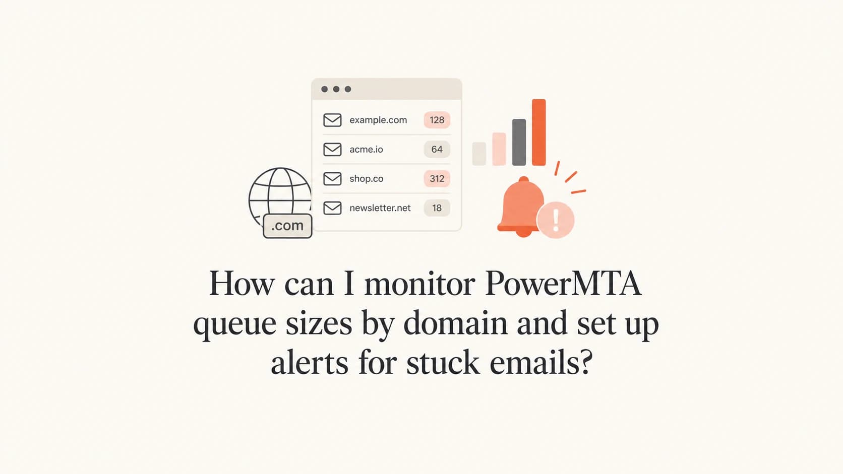 PowerMTA queue monitoring article thumbnail with domain queues and alert symbols.
