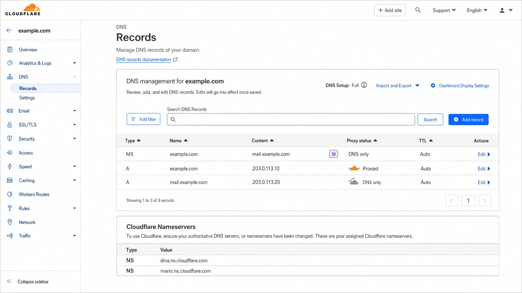Cloudflare DNS Records page showing MX and DNS-only mail hostname settings.