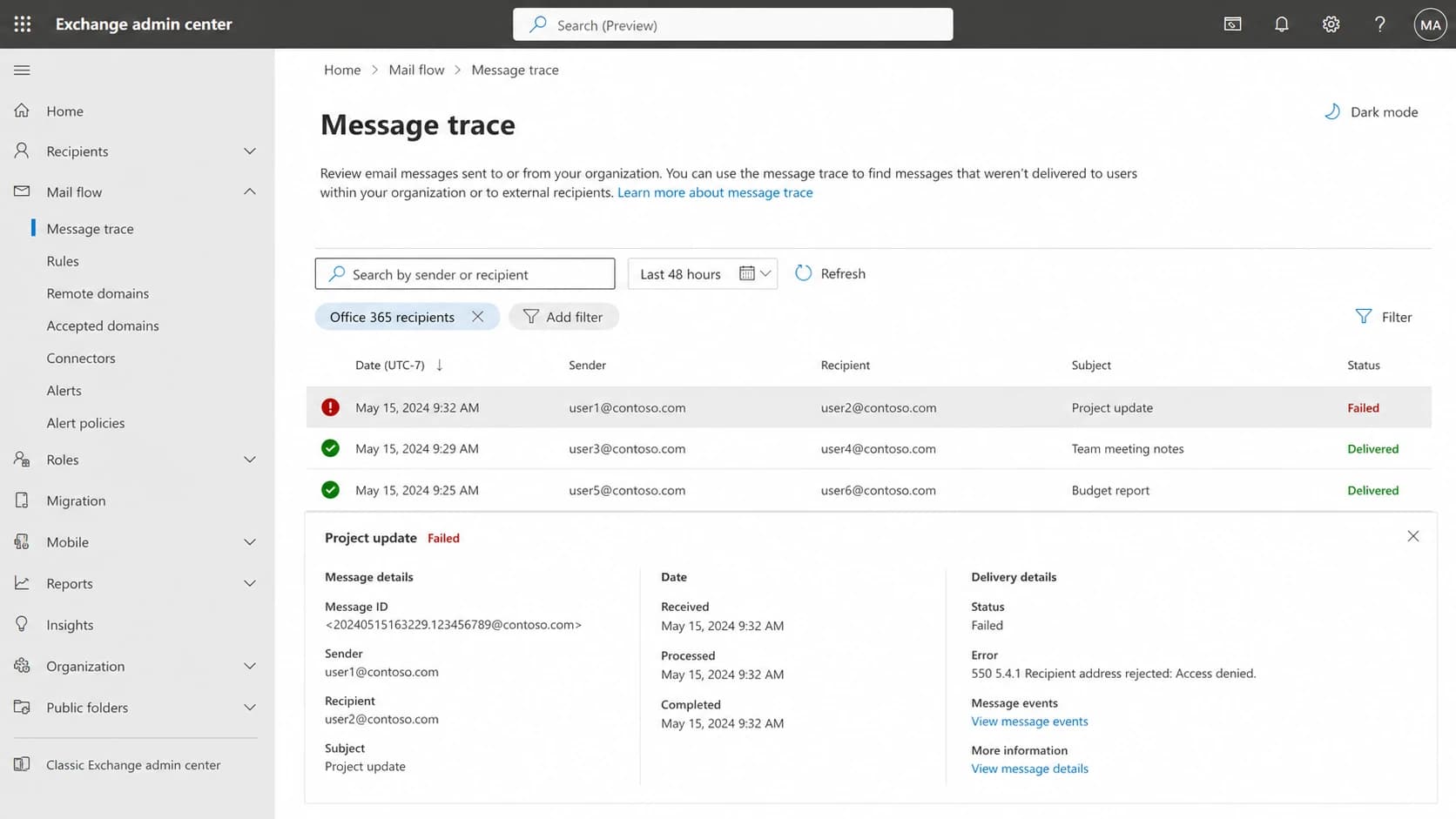 Microsoft Exchange admin center message trace showing a failed 550 5.4.1 delivery.