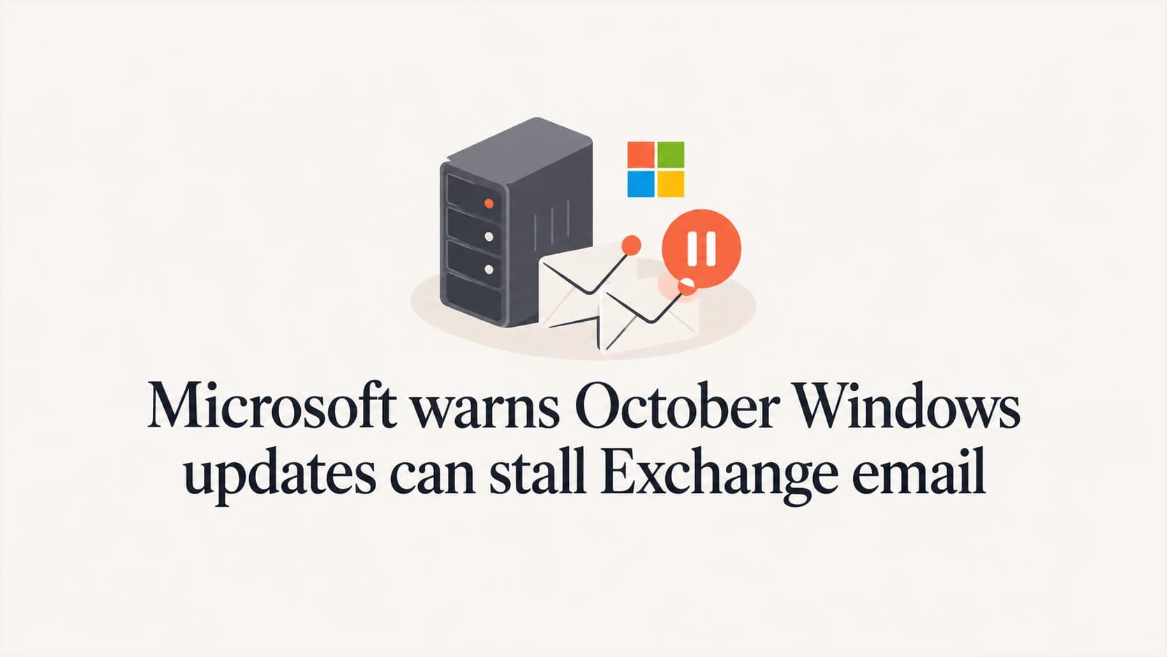 Microsoft Windows updates and delayed Exchange email, illustrated with a server and queued envelopes.