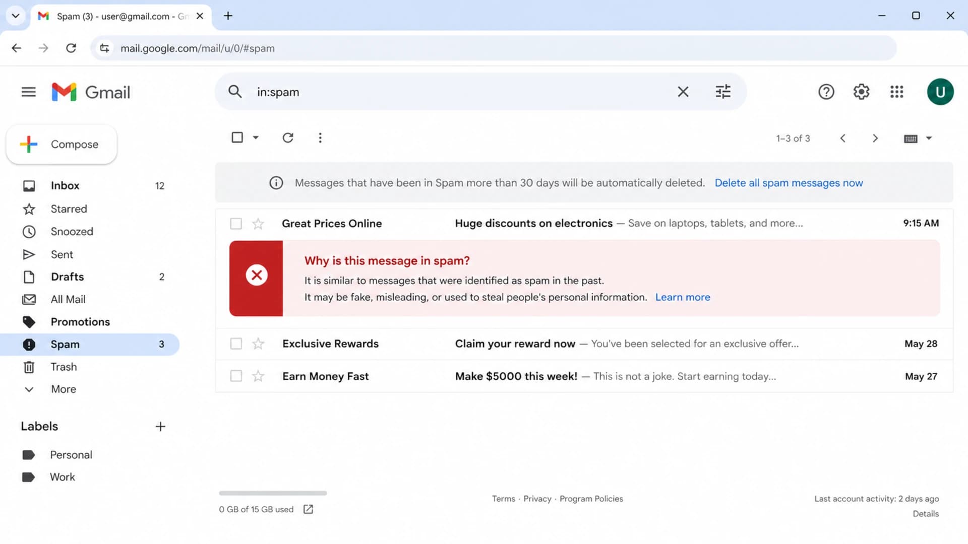 Gmail spam folder screen showing warning text about why a message was filtered.