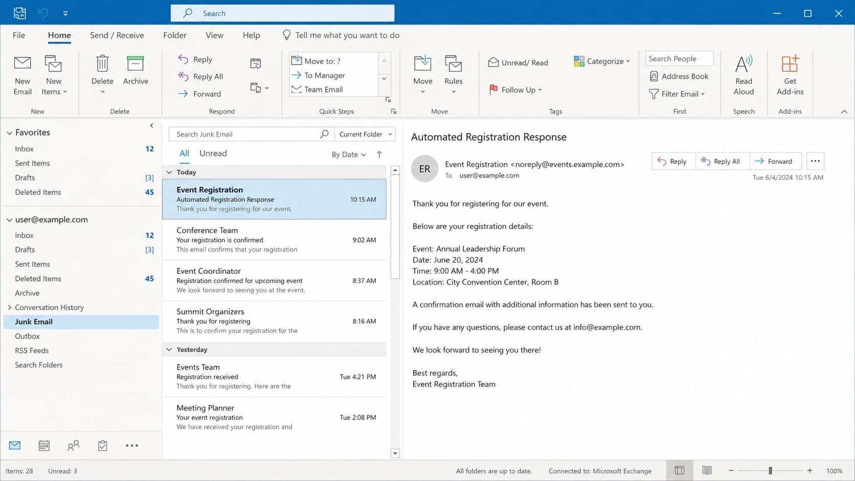Microsoft Outlook desktop showing automated event messages in Junk Email.