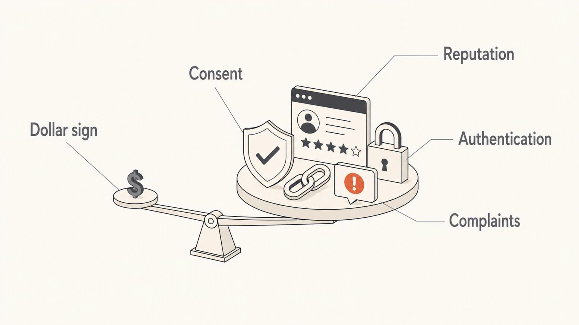 Infographic showing that consent, reputation, authentication, links, and complaints matter more than a dollar sign.