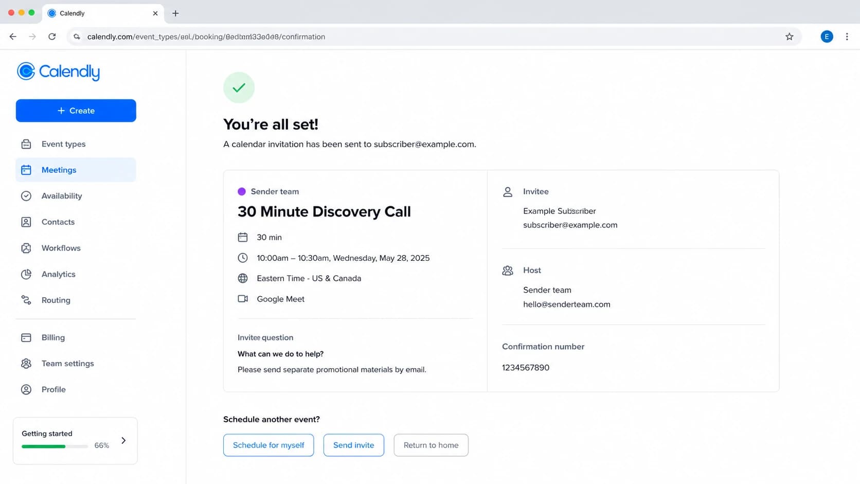 Calendly-style confirmation showing how a booking note can create misleading evidence.