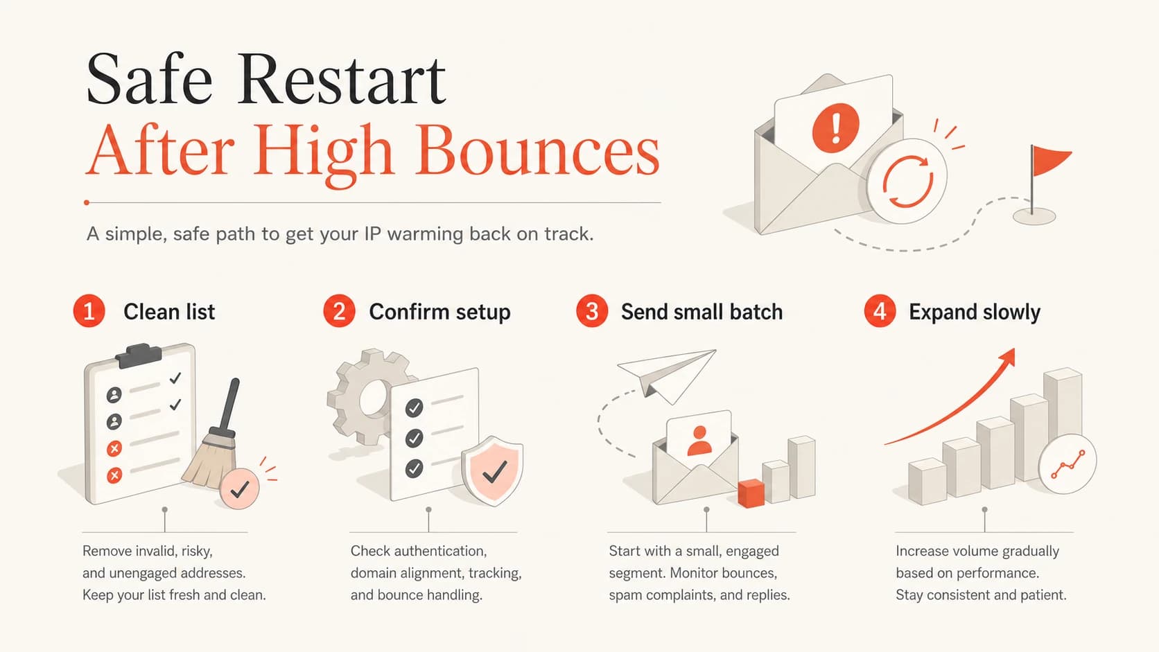 Infographic showing a safe restart sequence after high bounces during IP warming.