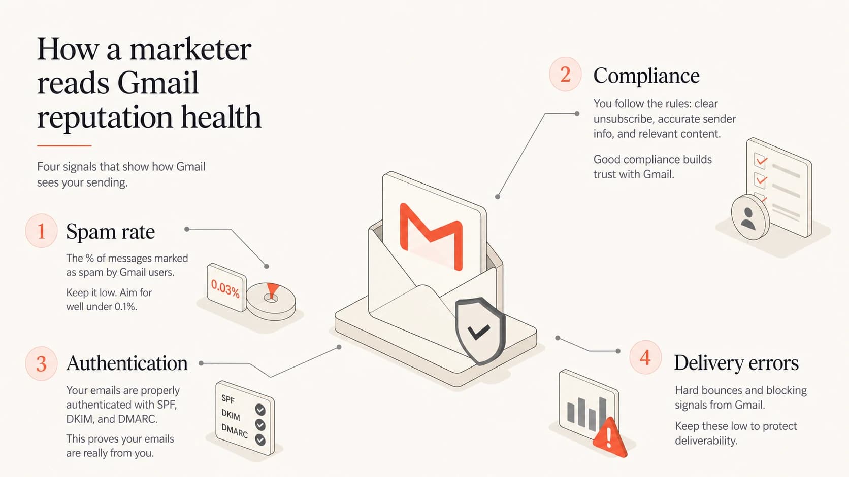 Infographic showing Gmail reputation health signals: spam rate, compliance, authentication, and delivery errors