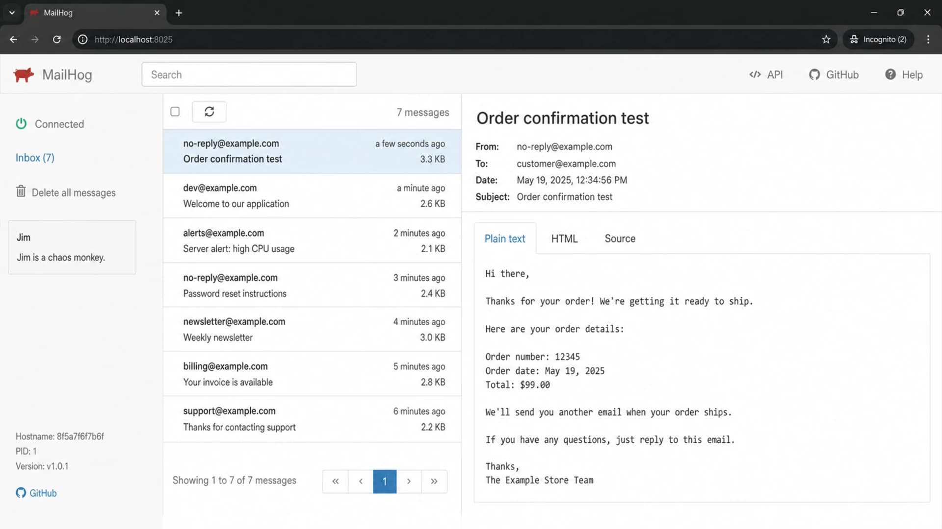 MailHog-style local inbox view showing captured test messages and headers.