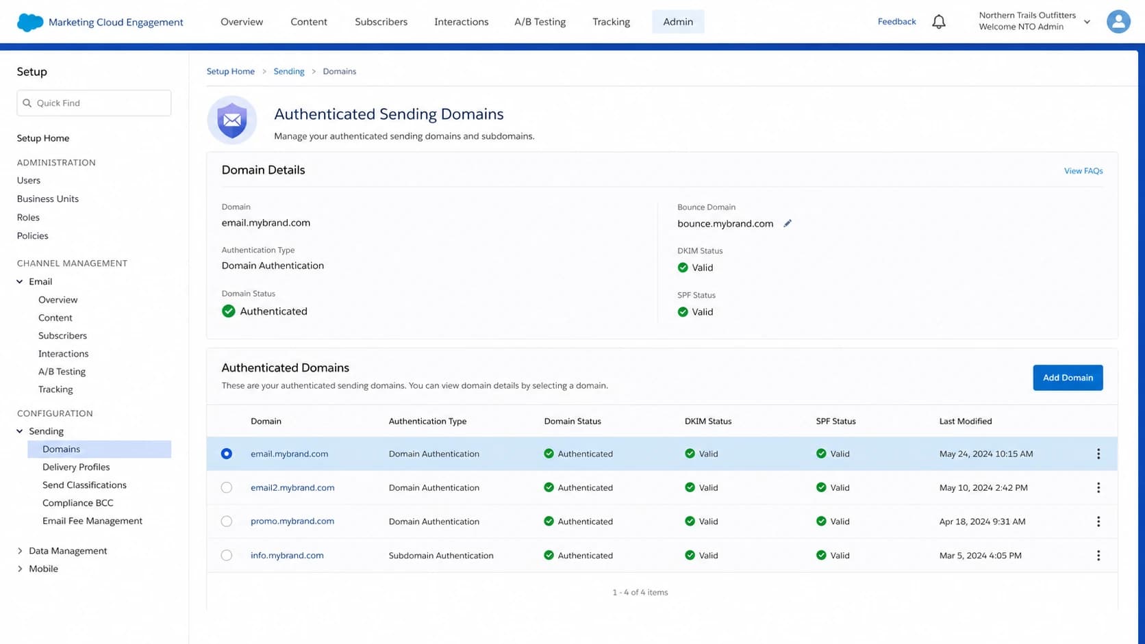 Salesforce Marketing Cloud Engagement domain authentication screen.