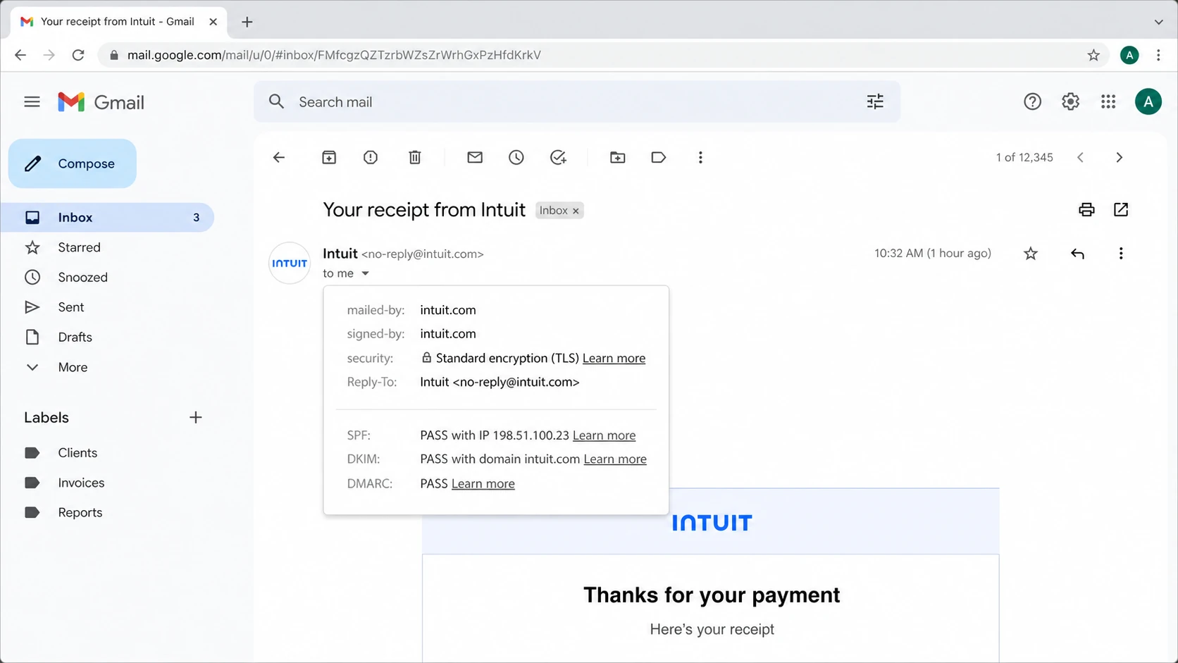 Gmail message details showing SPF, DKIM, and DMARC pass results.