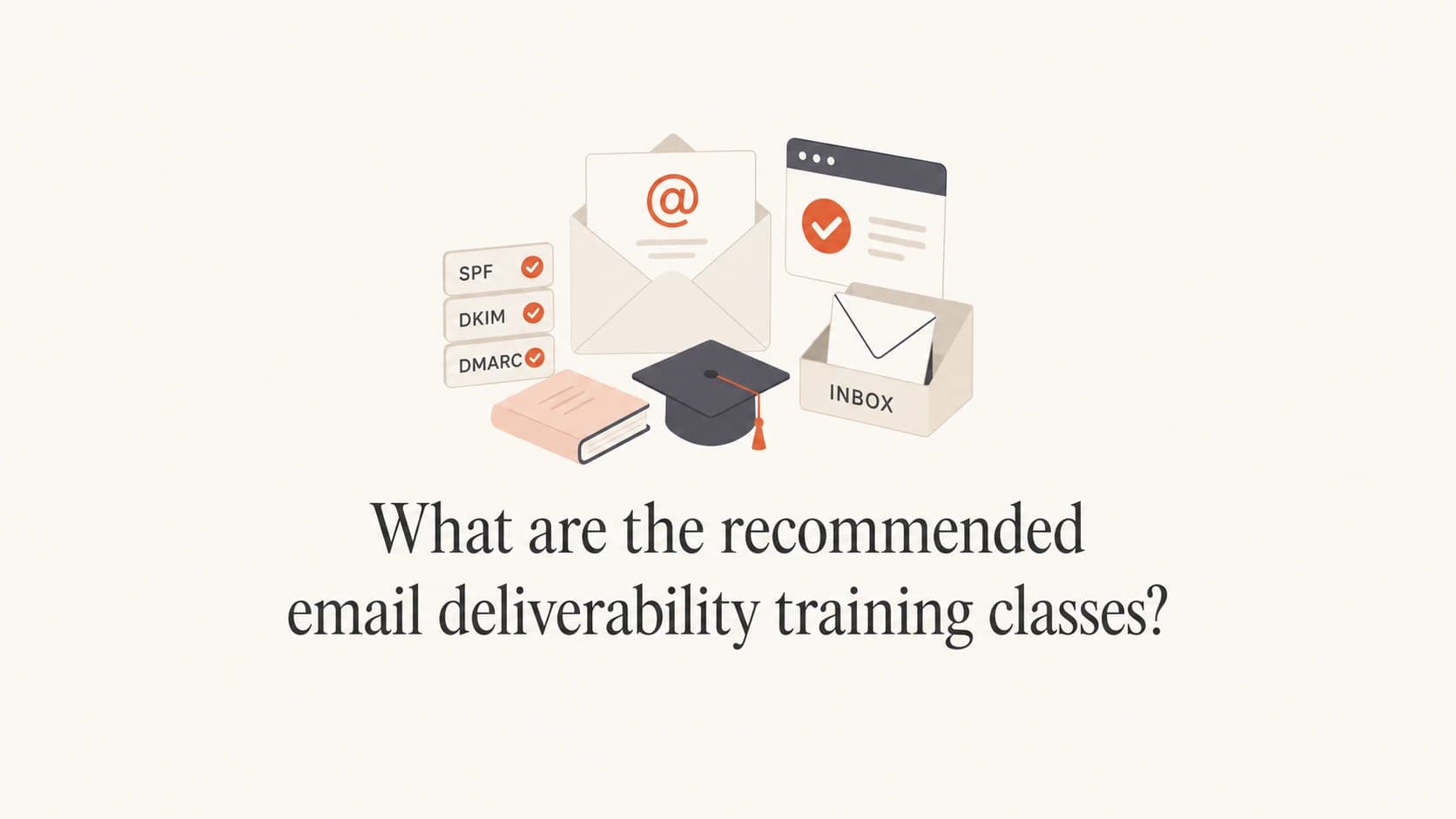 Email deliverability training classes shown as lessons, DNS records, and inbox placement icons.