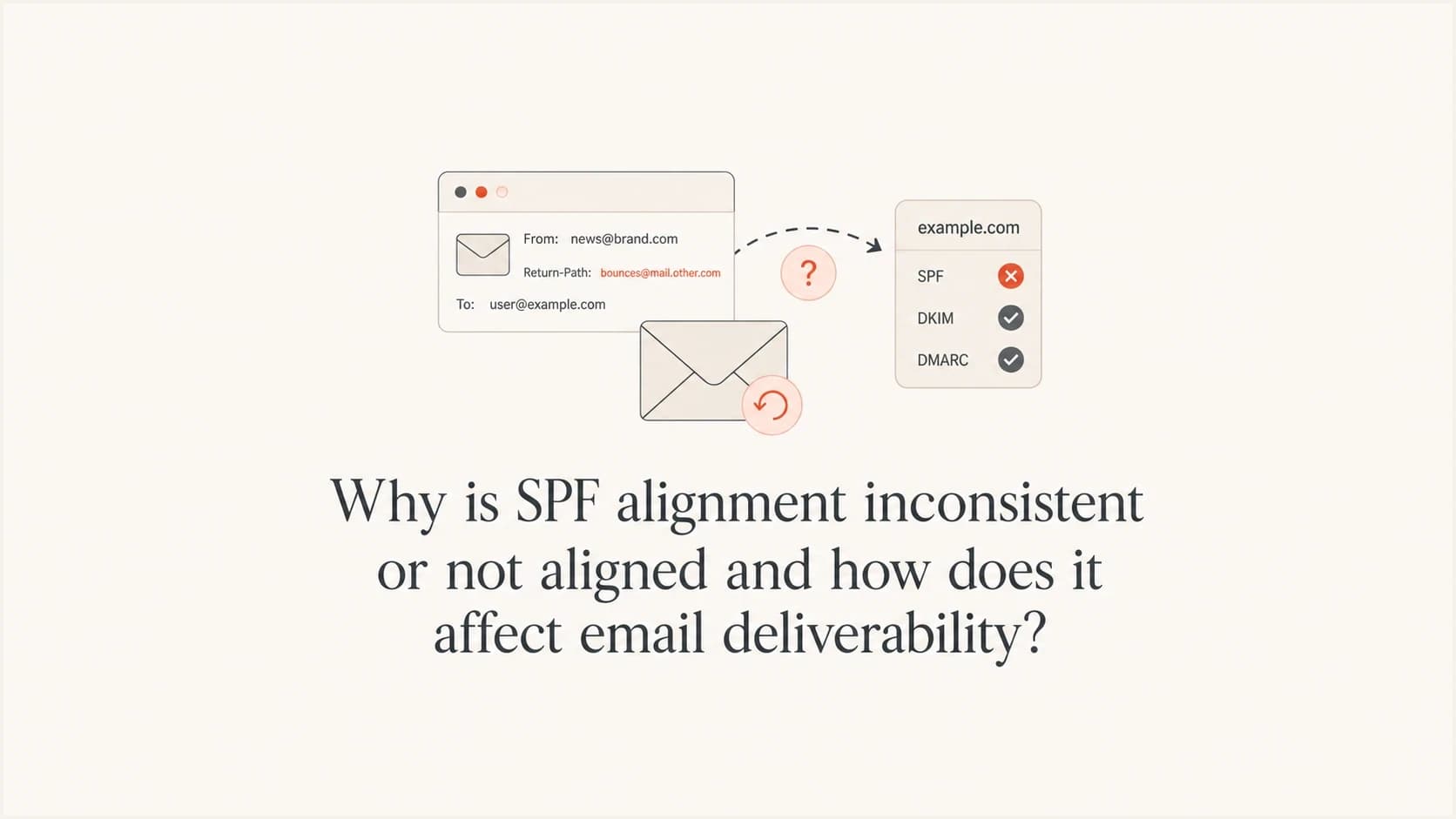 SPF alignment article thumbnail with email header objects and a domain check.