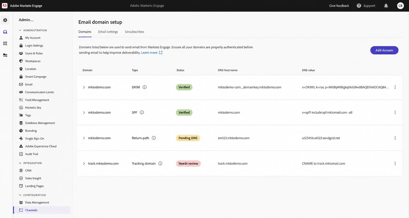 Adobe Marketo Engage domain authentication setup screen.