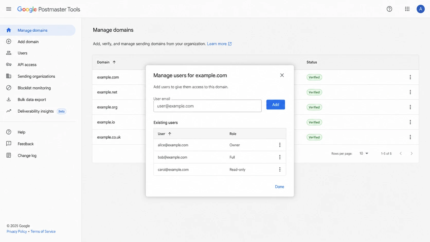 Google Postmaster Tools Manage users screen for sharing a verified domain.
