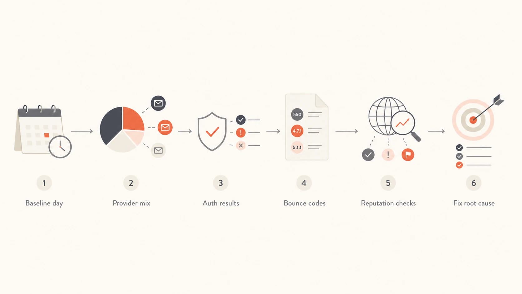 A six-step flowchart for diagnosing high-volume email issues.