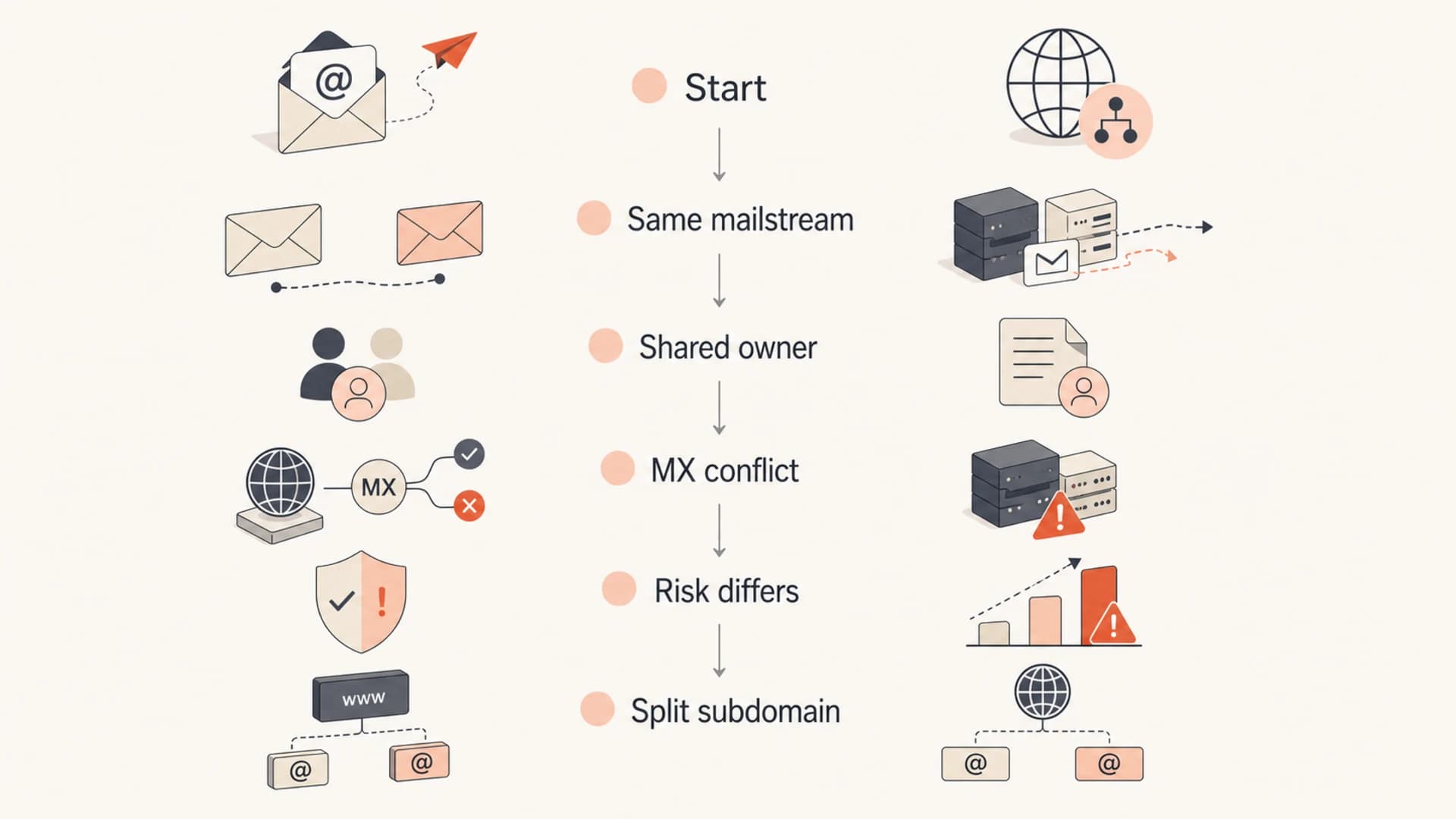 Decision flow for sharing or splitting email subdomains.